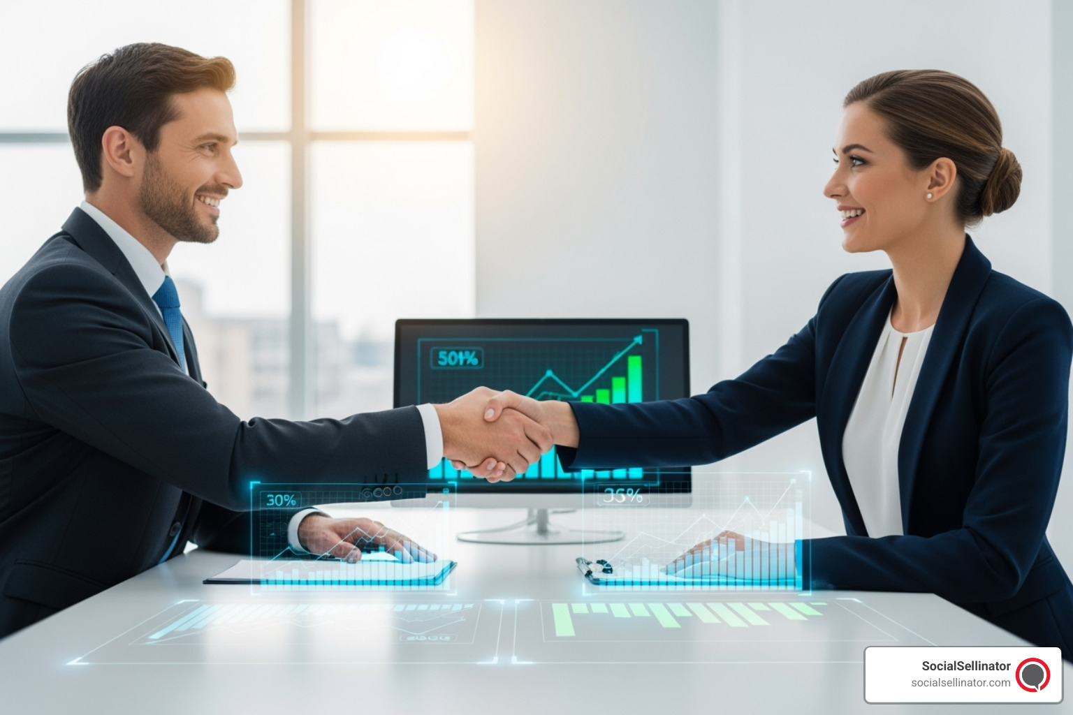 Two people shaking hands over a table with charts and graphs, representing a successful partnership - seo services Two people shaking hands over a table with charts and graphs, representing a successful partnership - seo services
