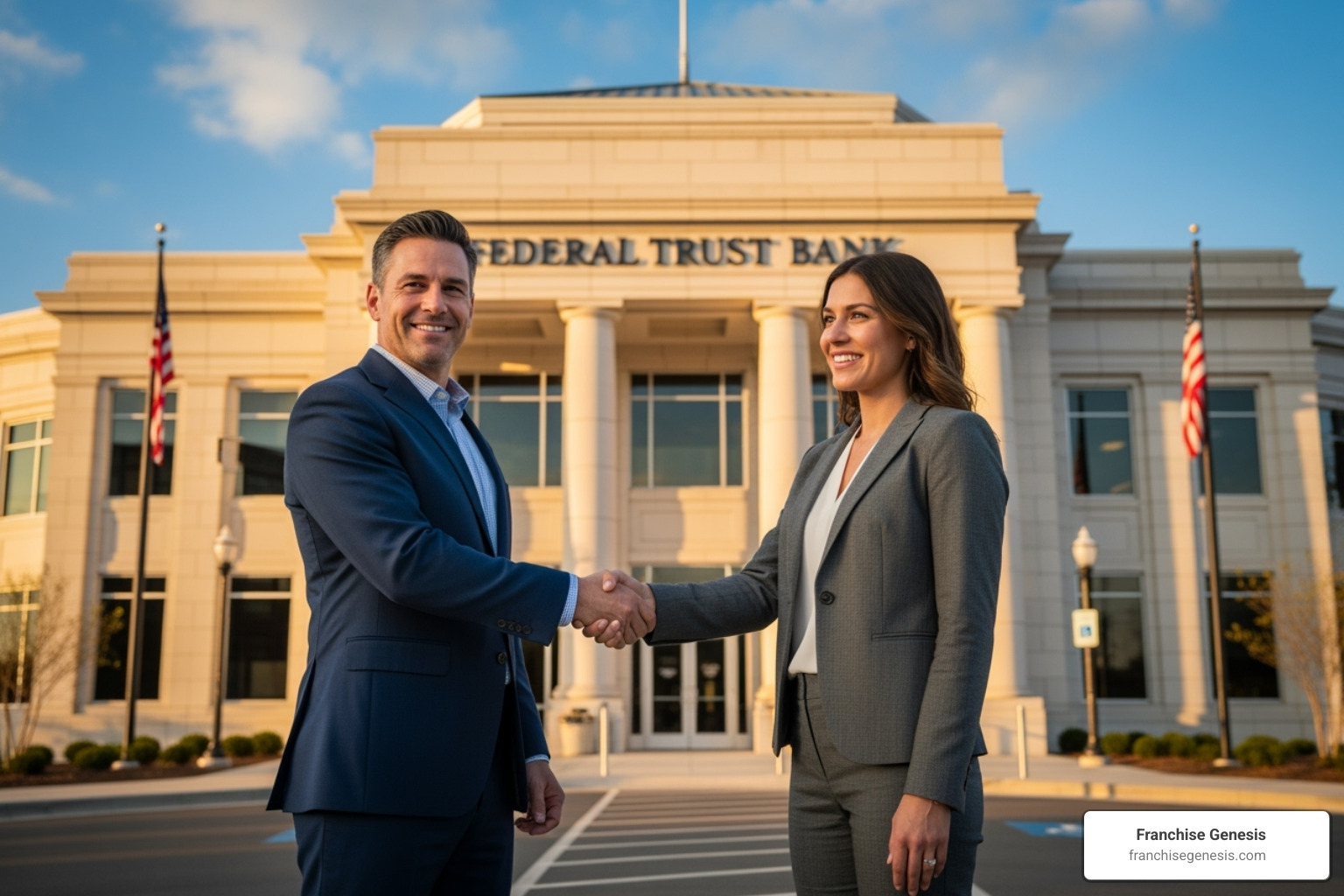 franchisor shaking hands with a franchisee in front of a bank - franchise financing sba