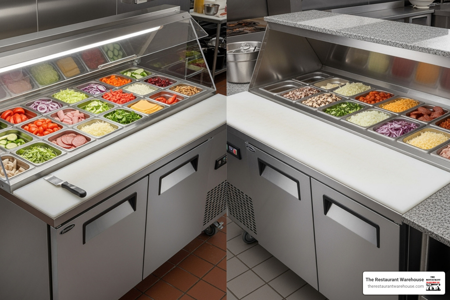 side-by-side comparison of a sandwich prep table and a pizza prep table - commercial prep fridge