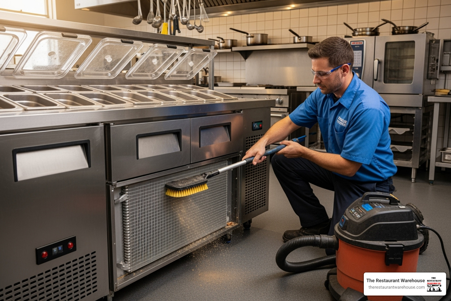 technician cleaning the condenser coil on a prep fridge - commercial prep fridge