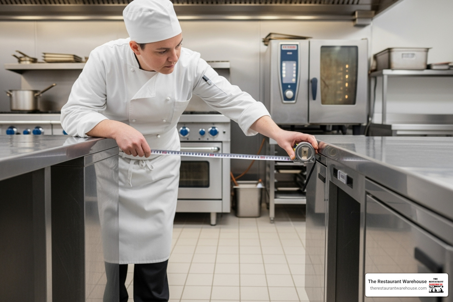 kitchen manager measuring space for a new prep fridge - commercial prep fridge