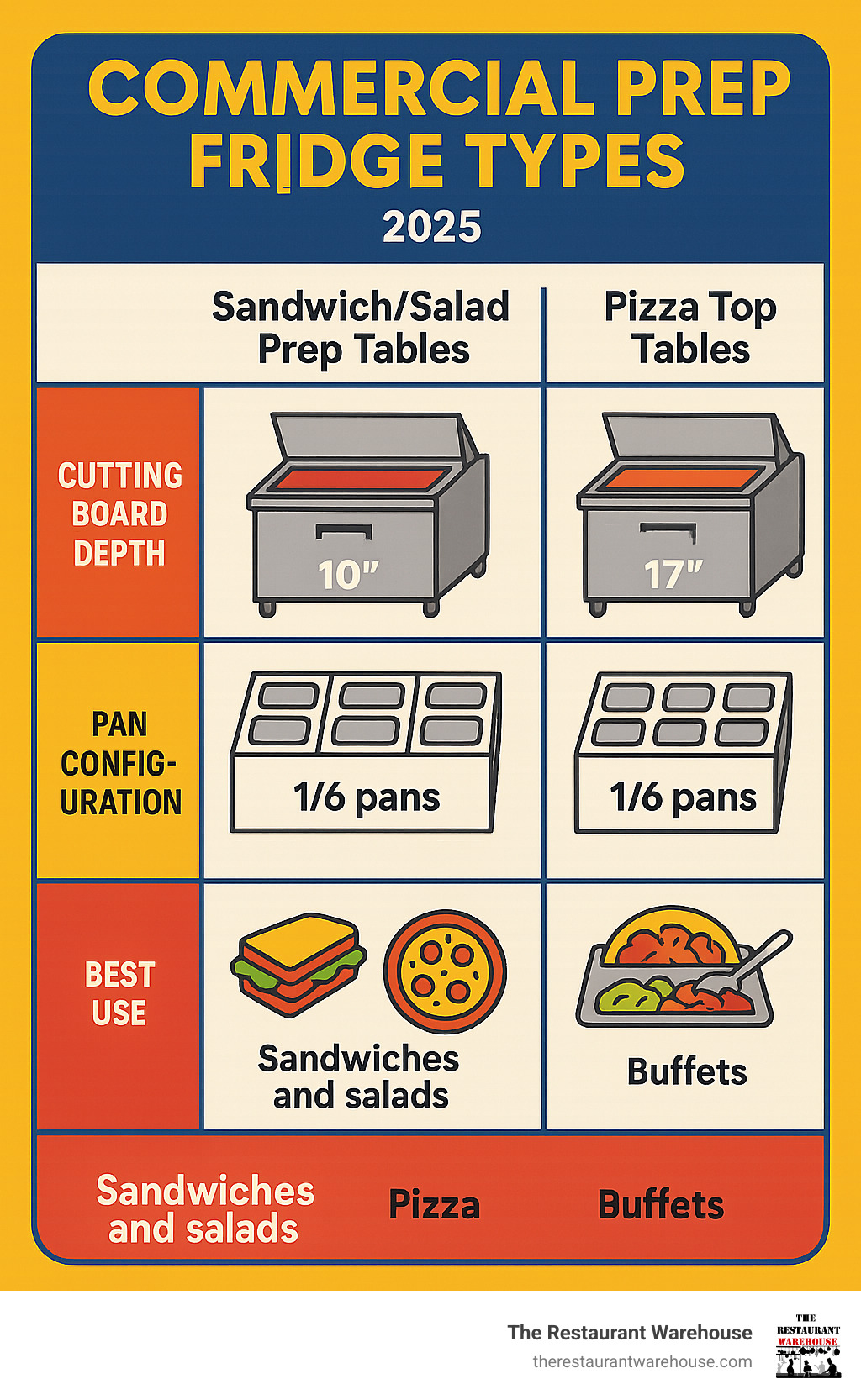 TABLE comparing Sandwich/Salad Prep Tables, Pizza Prep Tables, and Mega Top units based on cutting board depth, pan configuration, and best use case - commercial prep fridge infographic 