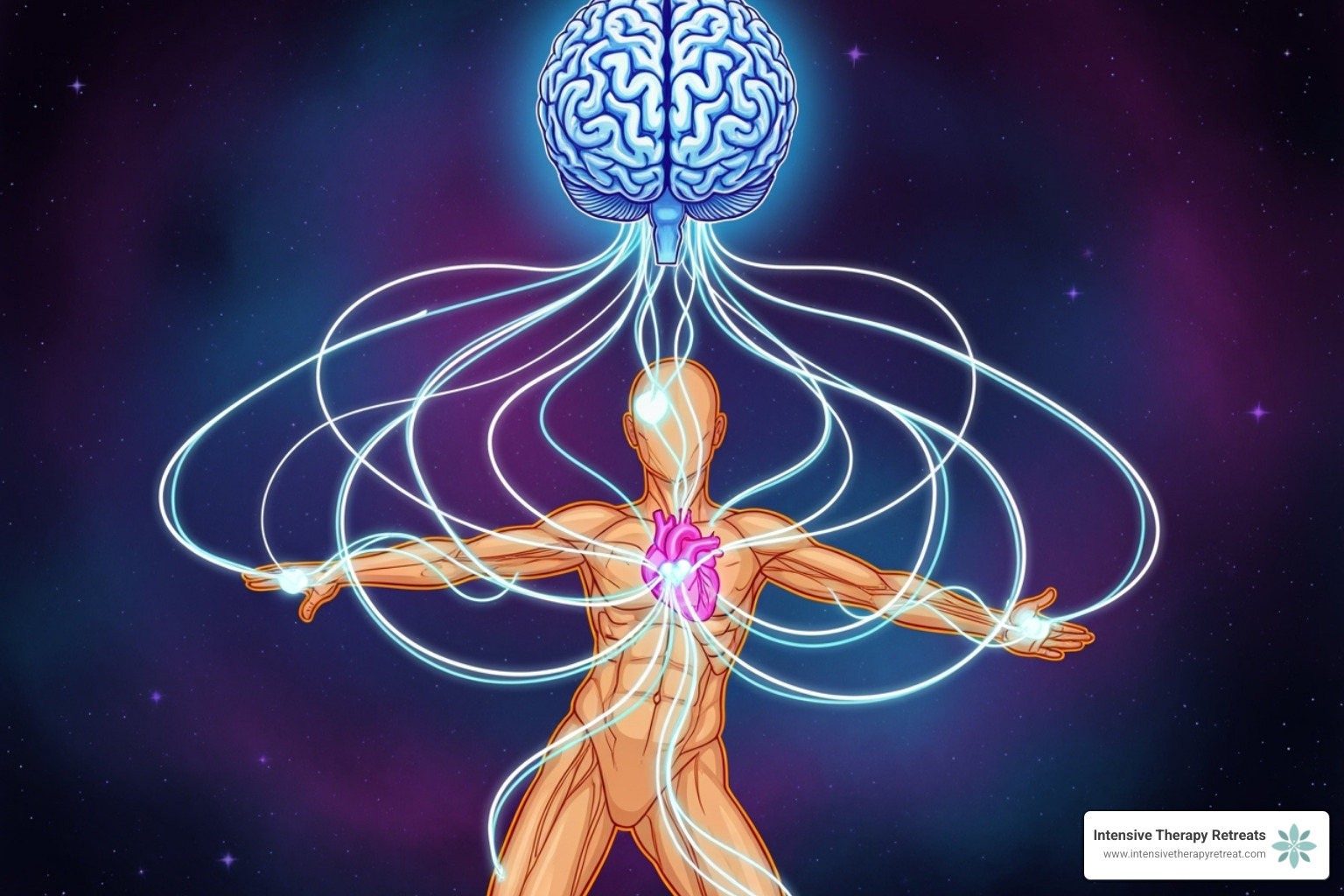 interconnected lines flowing between a brain and a body, symbolizing the mind-body link - somatic internal family systems therapy
