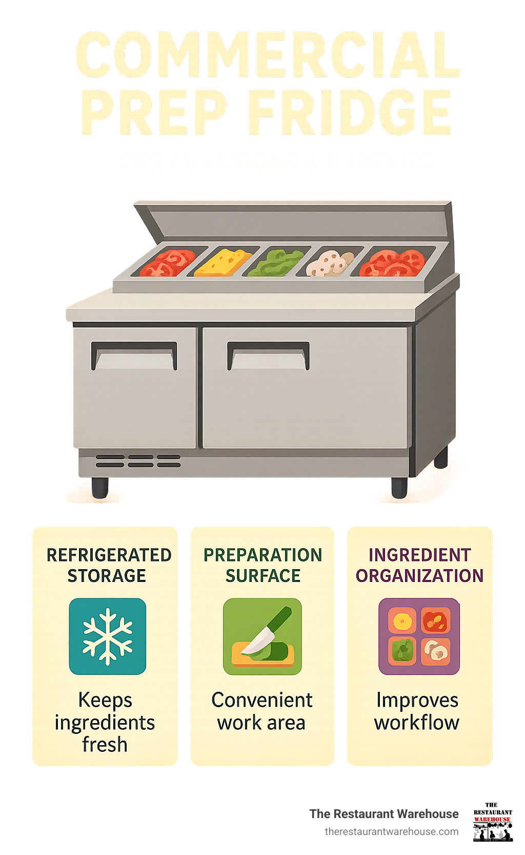 Infographic detailing the core functions and benefits of a commercial prep fridge, showing how it combines refrigerated storage, a preparation surface, and ingredient organization to improve kitchen workflow and food safety - commercial prep fridge infographic 
