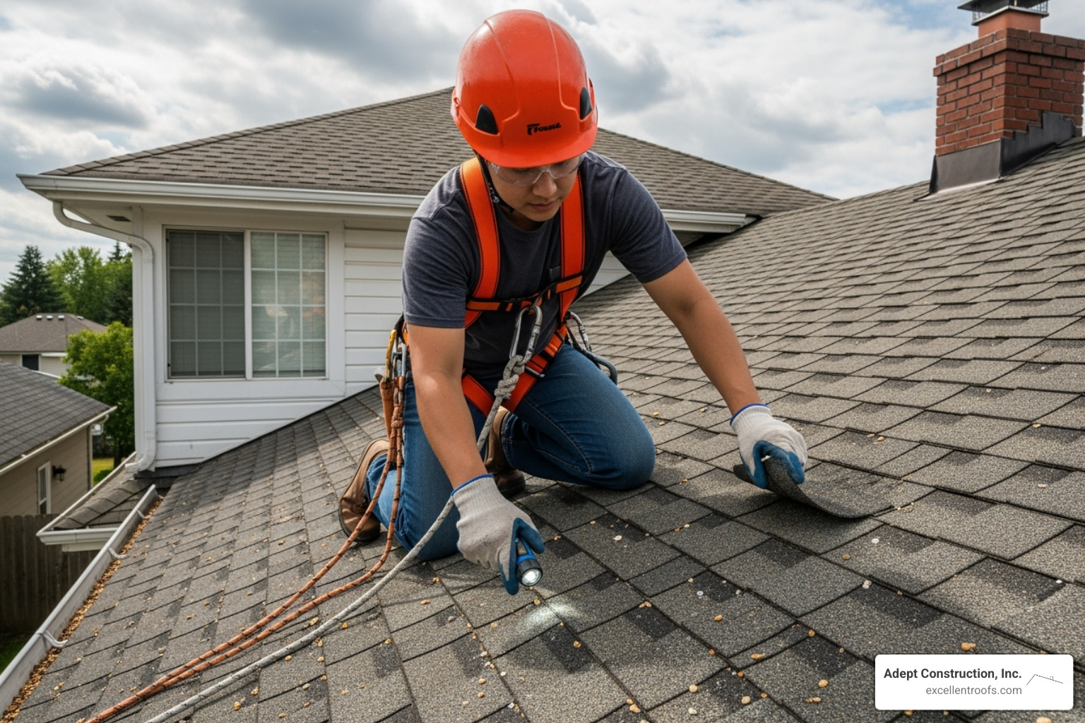 Person safely inspecting a roof for damage - residential roofers near me
