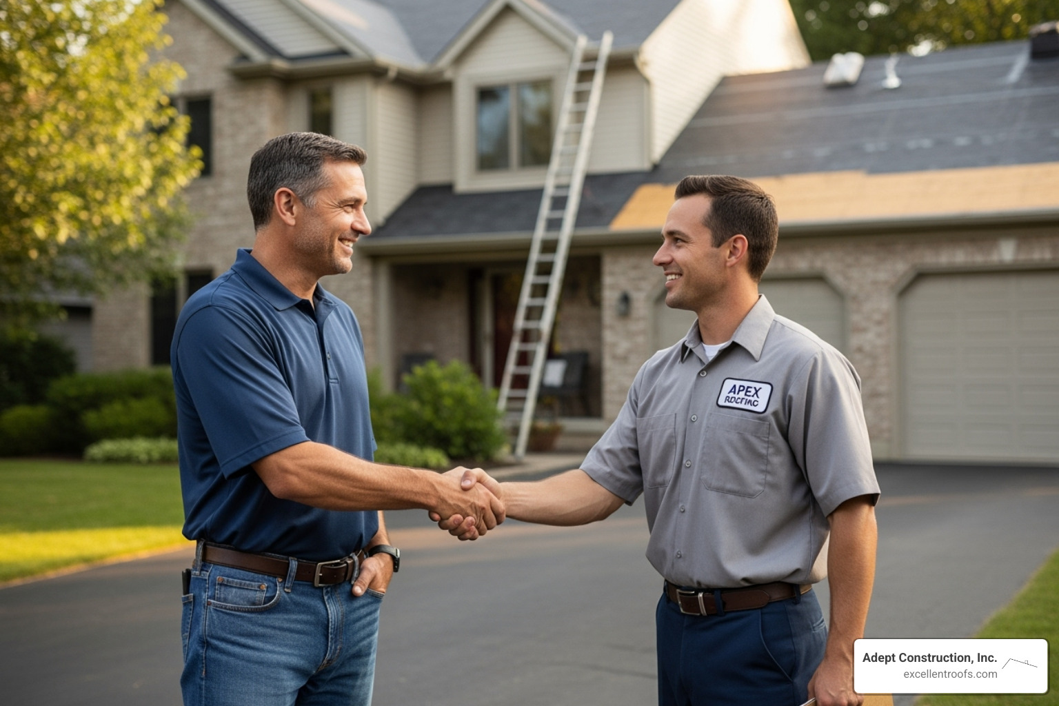 Homeowner shaking hands with a professional, friendly roofer - residential roofers near me