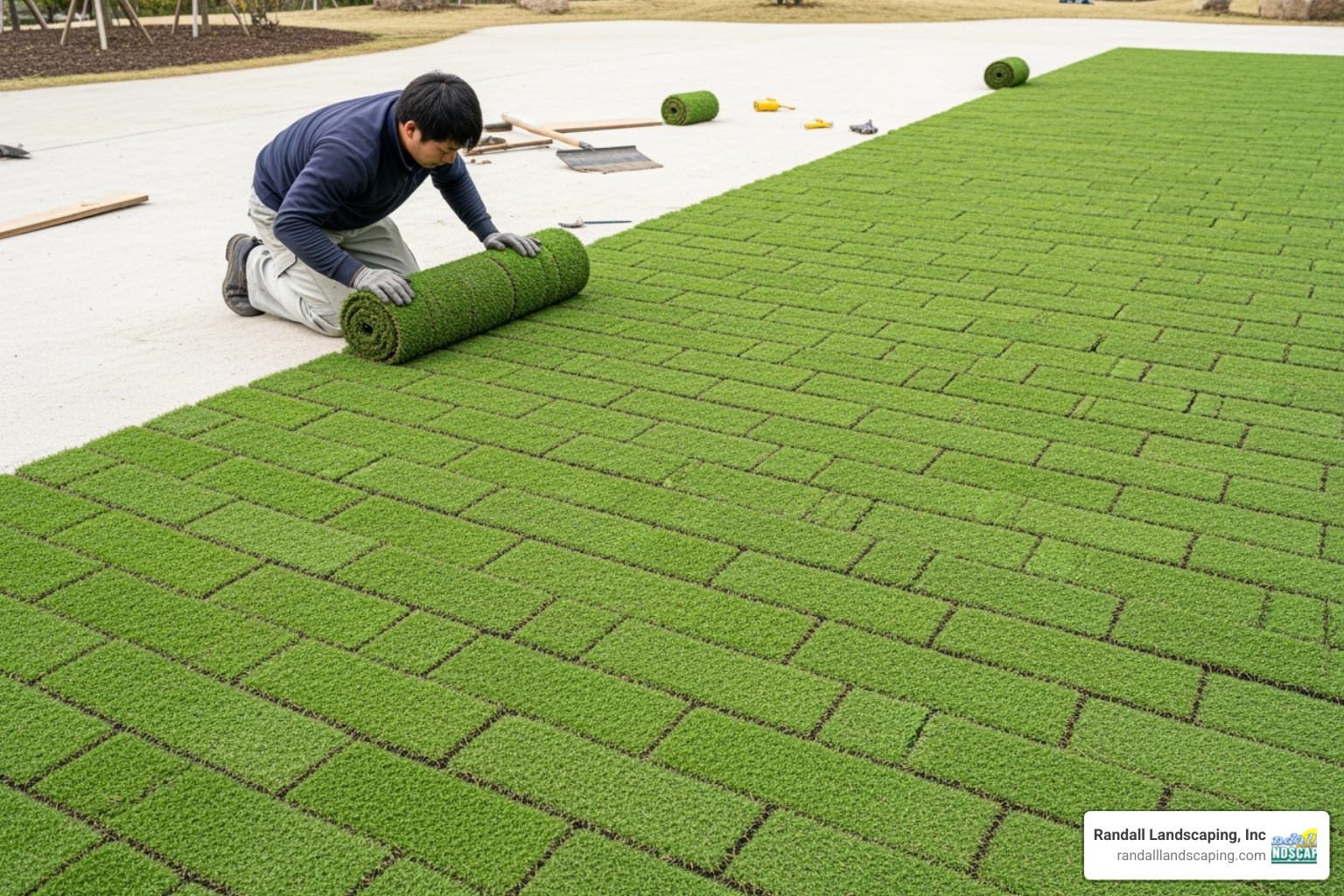 person unrolling a turf roll in a brick-like pattern - laying garden turf