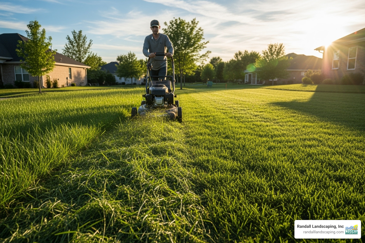 person mowing a newly established lawn with the mower blades set high - laying garden turf