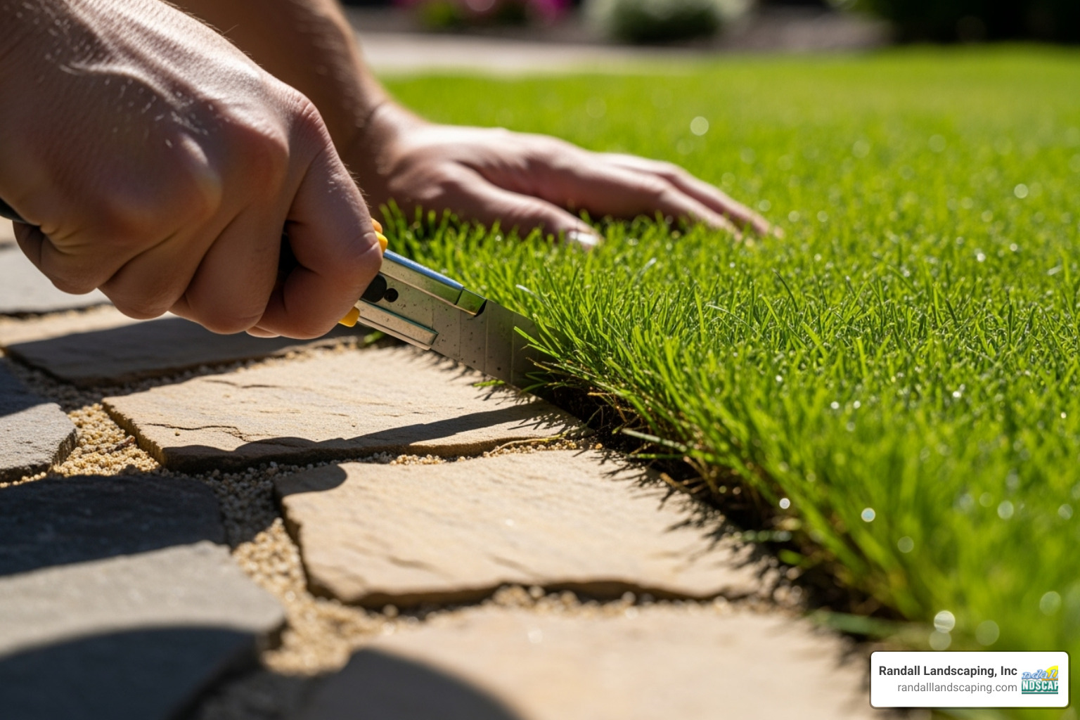 turf being carefully cut to fit around a curved garden path - laying garden turf