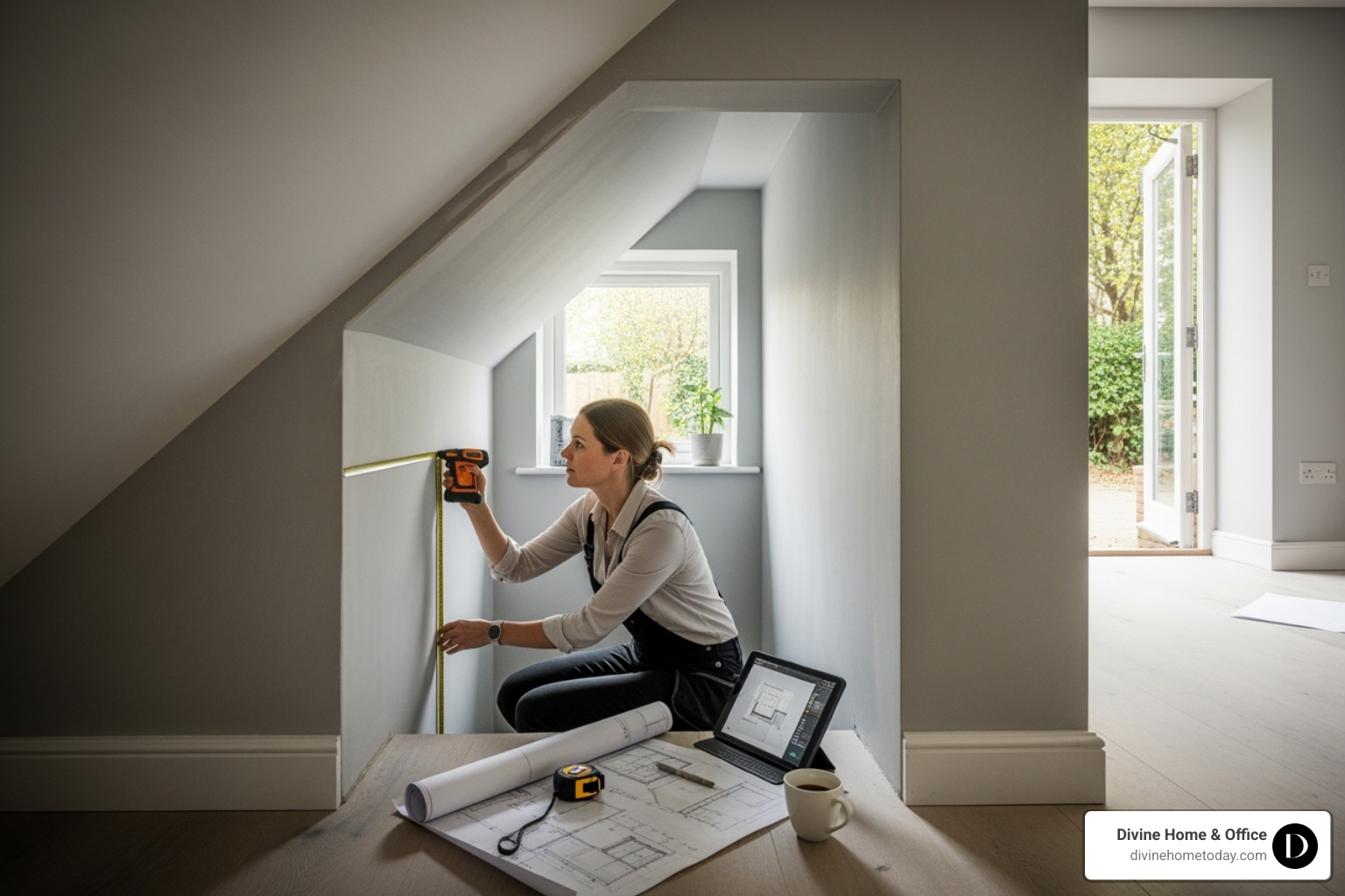 designer measuring a unique space like an alcove or under a staircase for a custom office installation - custom home office furniture