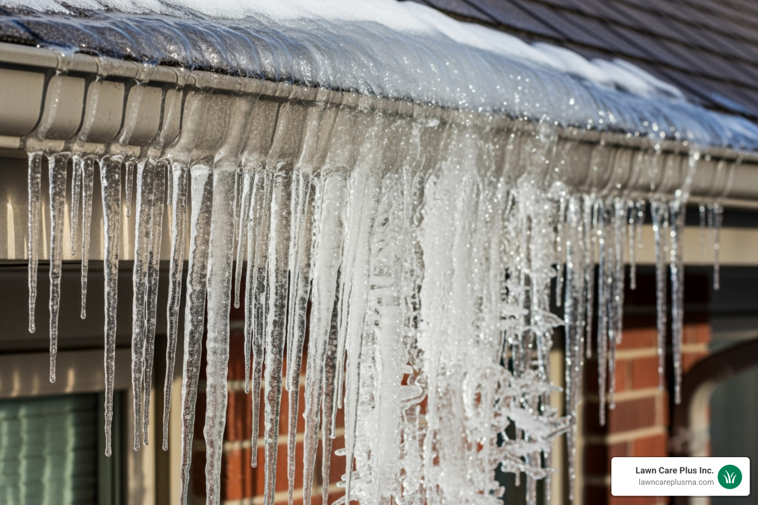 large ice dam with icicles hanging from a gutter - snow removal roofs boston ma large ice dam with icicles hanging from a gutter - snow removal roofs boston ma