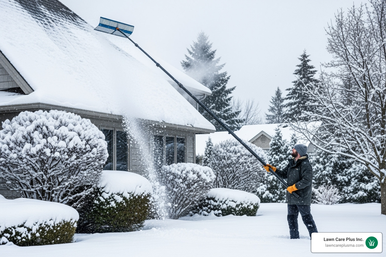 person using a long roof rake from the ground safely - snow removal roofs boston ma person using a long roof rake from the ground safely - snow removal roofs boston ma