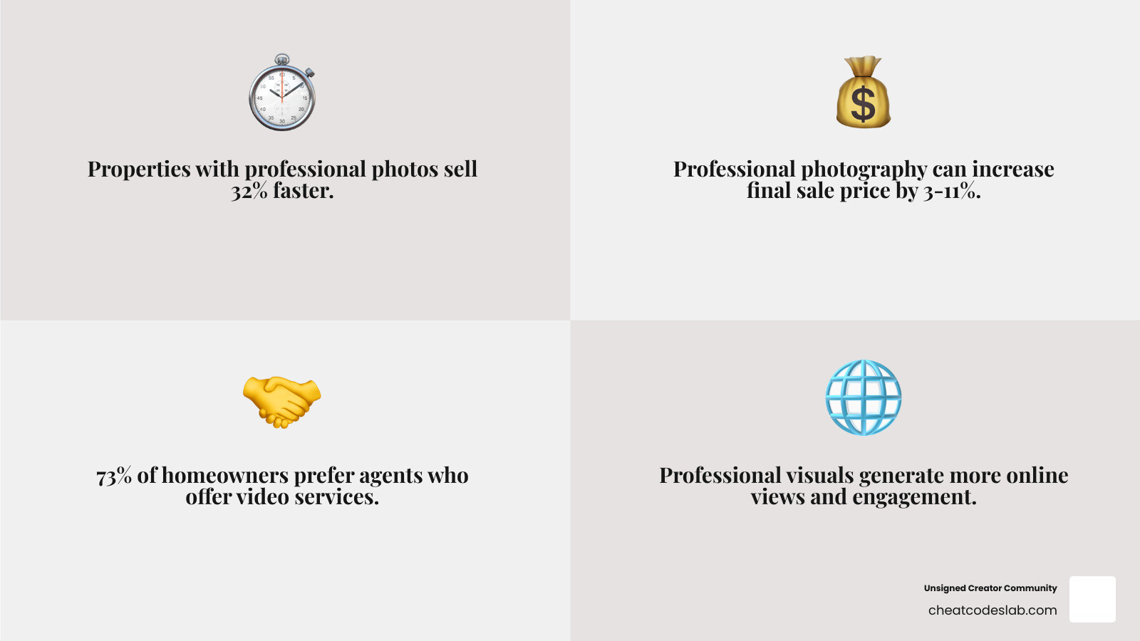 Infographic explaining the key benefits of professional real estate photography, showing stats on faster sales and higher prices - local real estate photographers infographic 4_facts_emoji_grey