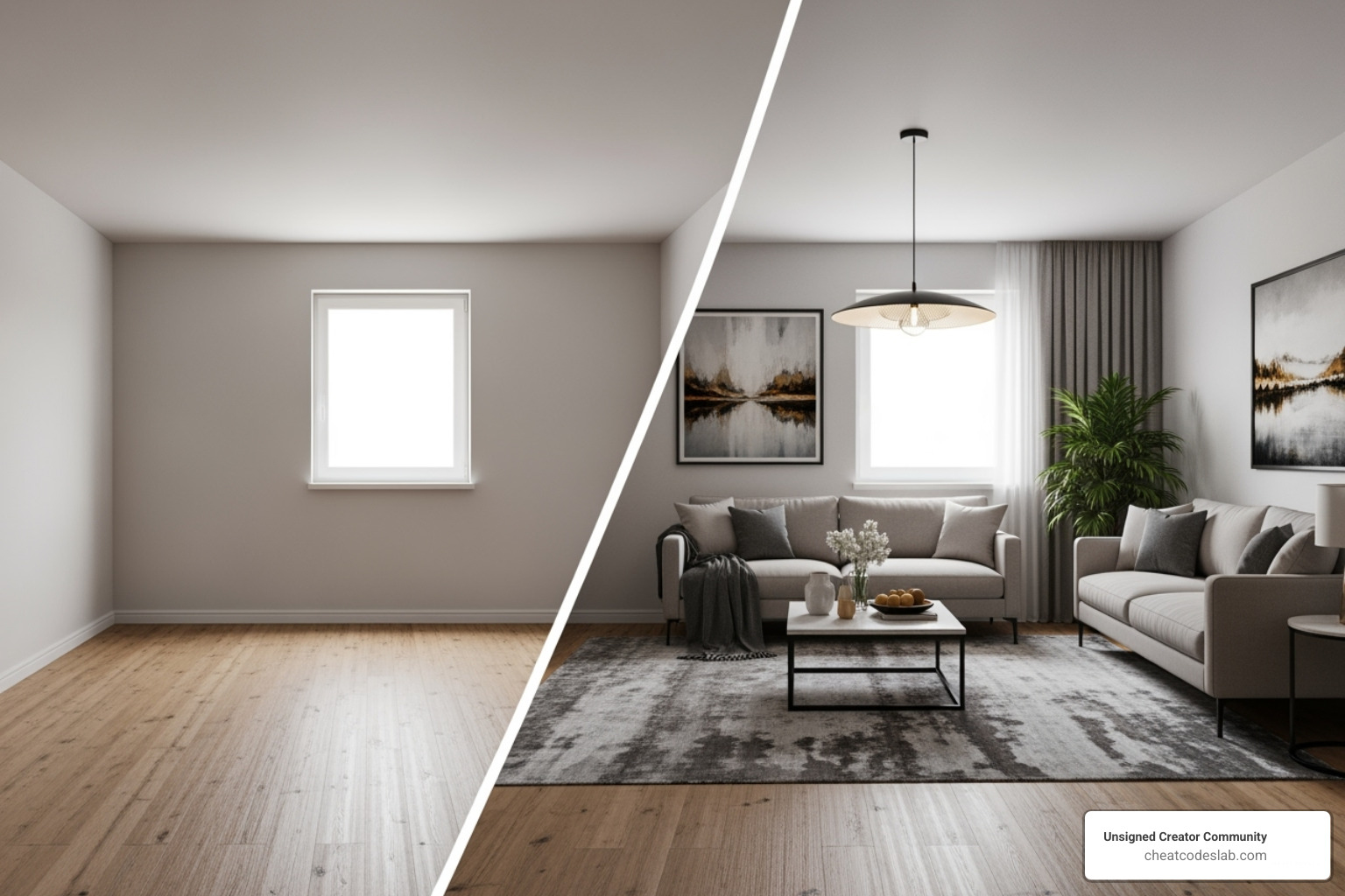 Image of a side-by-side comparison of a vacant room and a virtually staged room - local real estate photographers