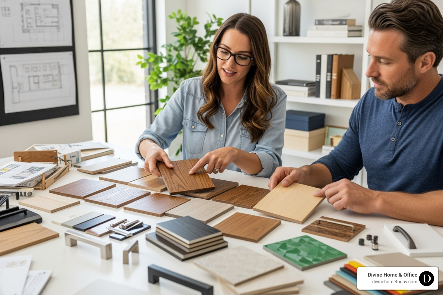 designer and homeowner collaborating over cabinet material samples - Denver custom cabinetry