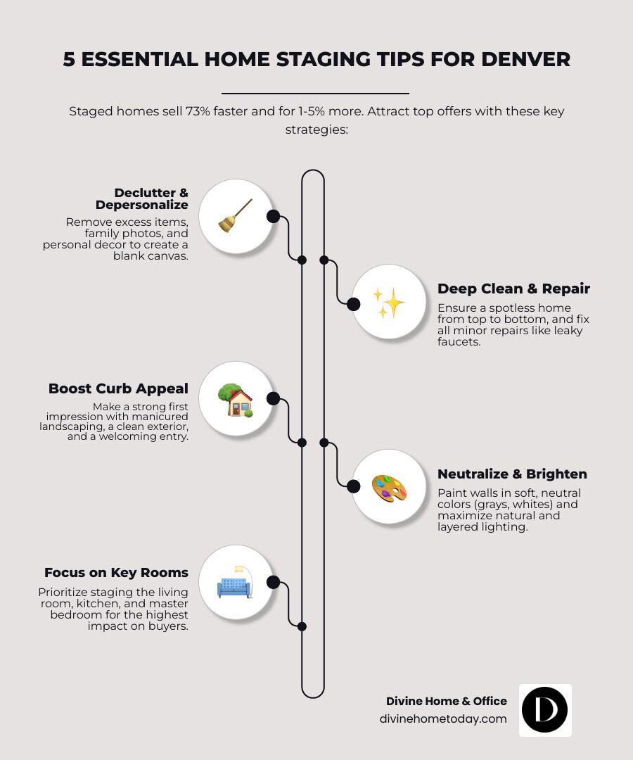 Comprehensive infographic showing Denver home staging benefits including 73% faster sales, $40,000 average increase over list price, key staging steps from decluttering to final touches, and ROI statistics for staged vs unstaged homes - home staging tips denver infographic infographic-line-5-steps-neat_beige
