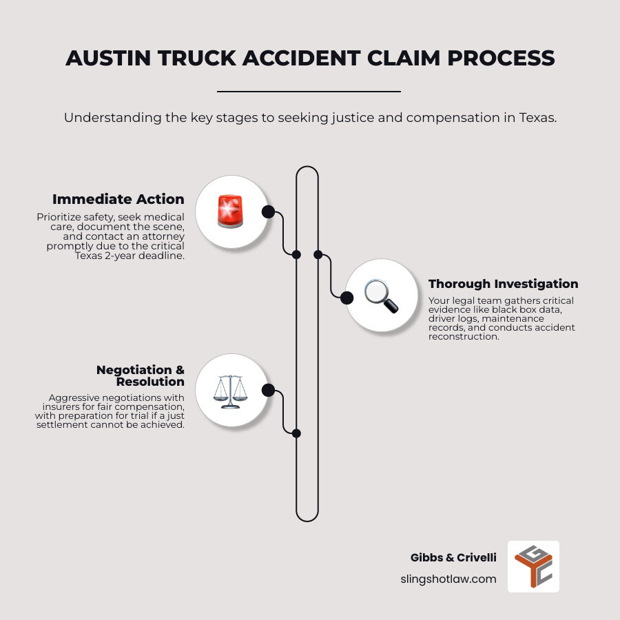 Detailed infographic showing the step-by-step legal process for truck accident claims in Austin, including immediate steps after an accident, investigation phase, negotiation with insurance companies, and potential trial timeline with Texas-specific deadlines and requirements - austin trucking accident lawyer: navigating legal challenges and seeking justice infographic infographic-line-3-steps-neat_beige