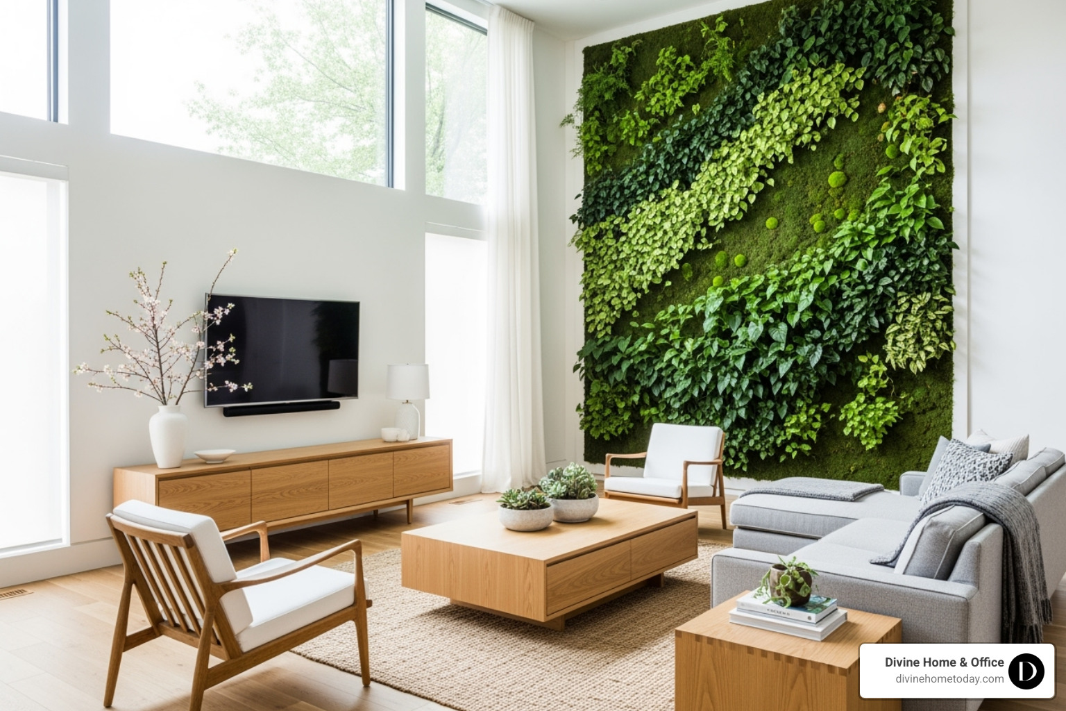 Bright room featuring biophilic design elements like a living wall and natural wood - Englewood interior design Bright room featuring biophilic design elements like a living wall and natural wood - Englewood interior design