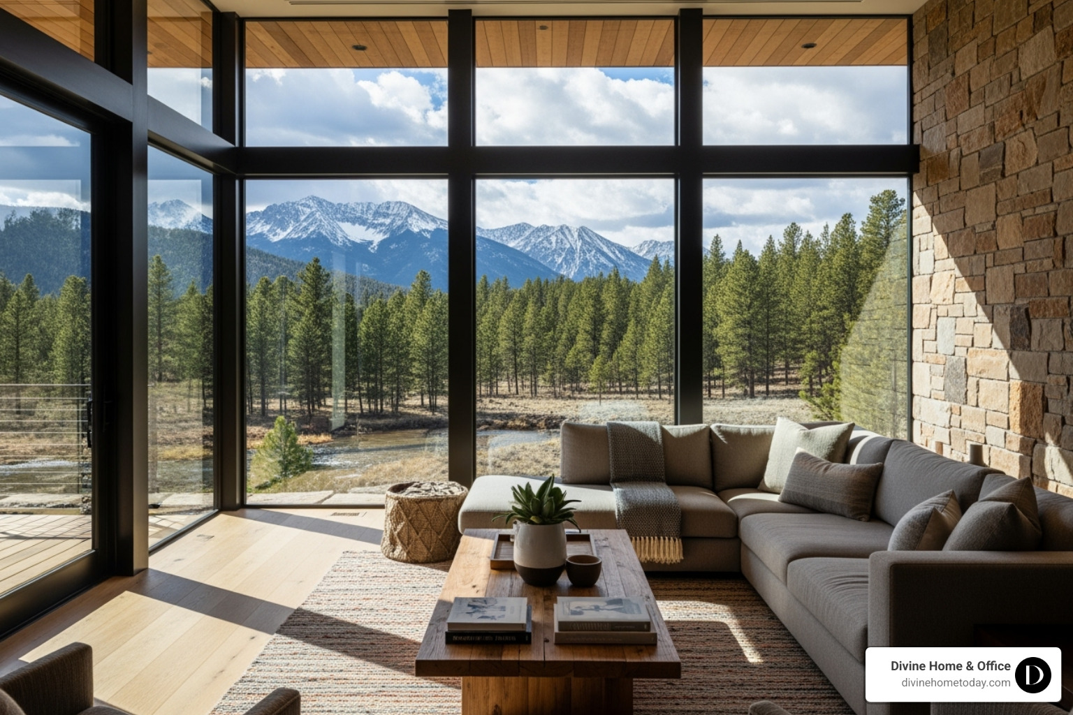Home interior with large windows showcasing a natural Colorado landscape - Englewood interior design Home interior with large windows showcasing a natural Colorado landscape - Englewood interior design
