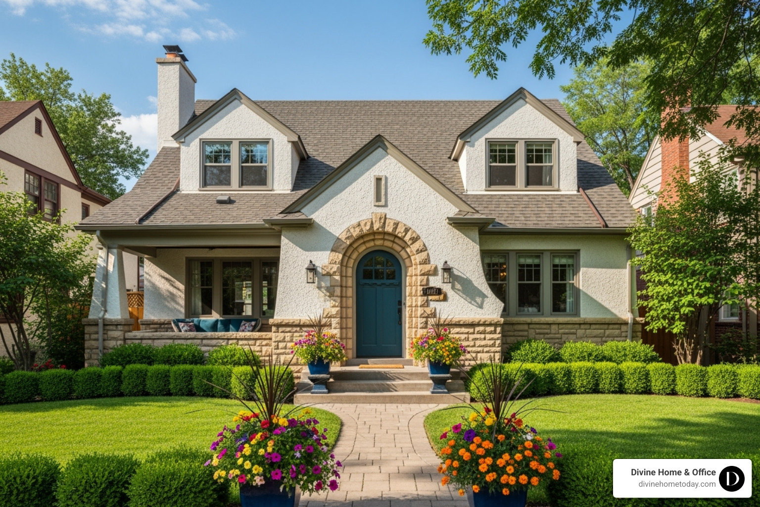 A beautiful Denver home with excellent curb appeal, featuring a manicured lawn, vibrant potted plants near the entrance, and a freshly painted front door - home staging tips denver