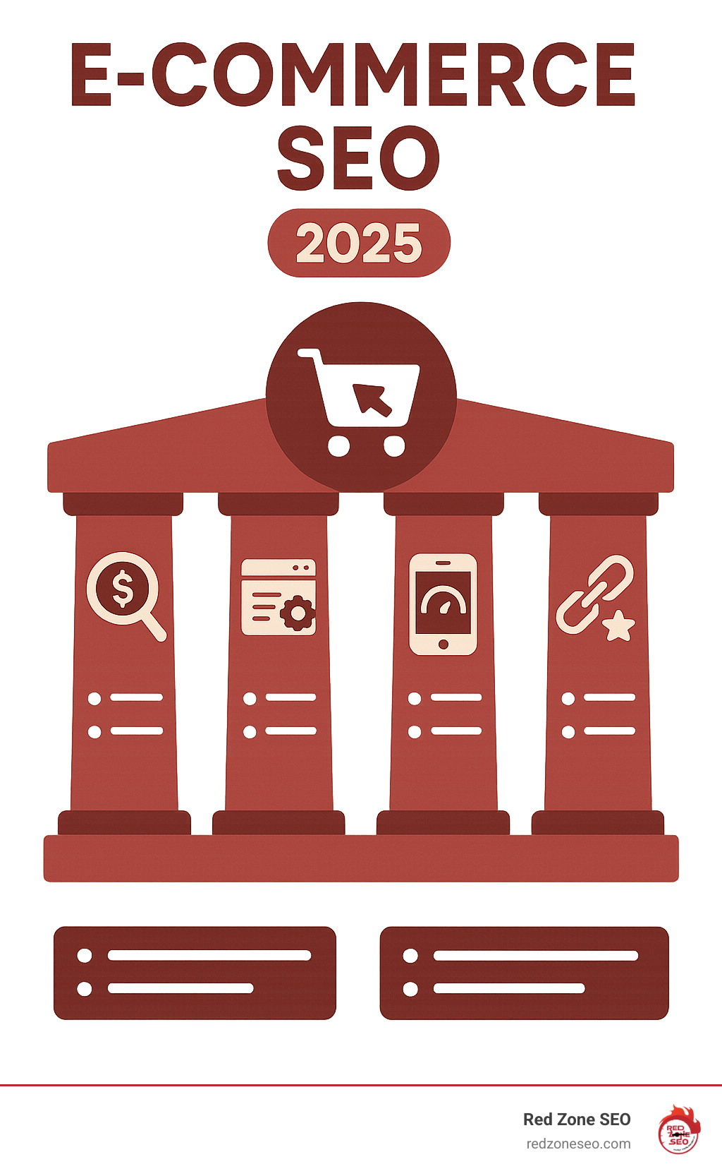Infographic showing the four core pillars of ecommerce SEO: Keyword Research targeting buyer intent and commercial terms, On-Page SEO optimizing product pages and category structure, Technical SEO ensuring fast mobile-friendly architecture, and Off-Page SEO building authority through backlinks and reviews - seo of ecommerce websites infographic 