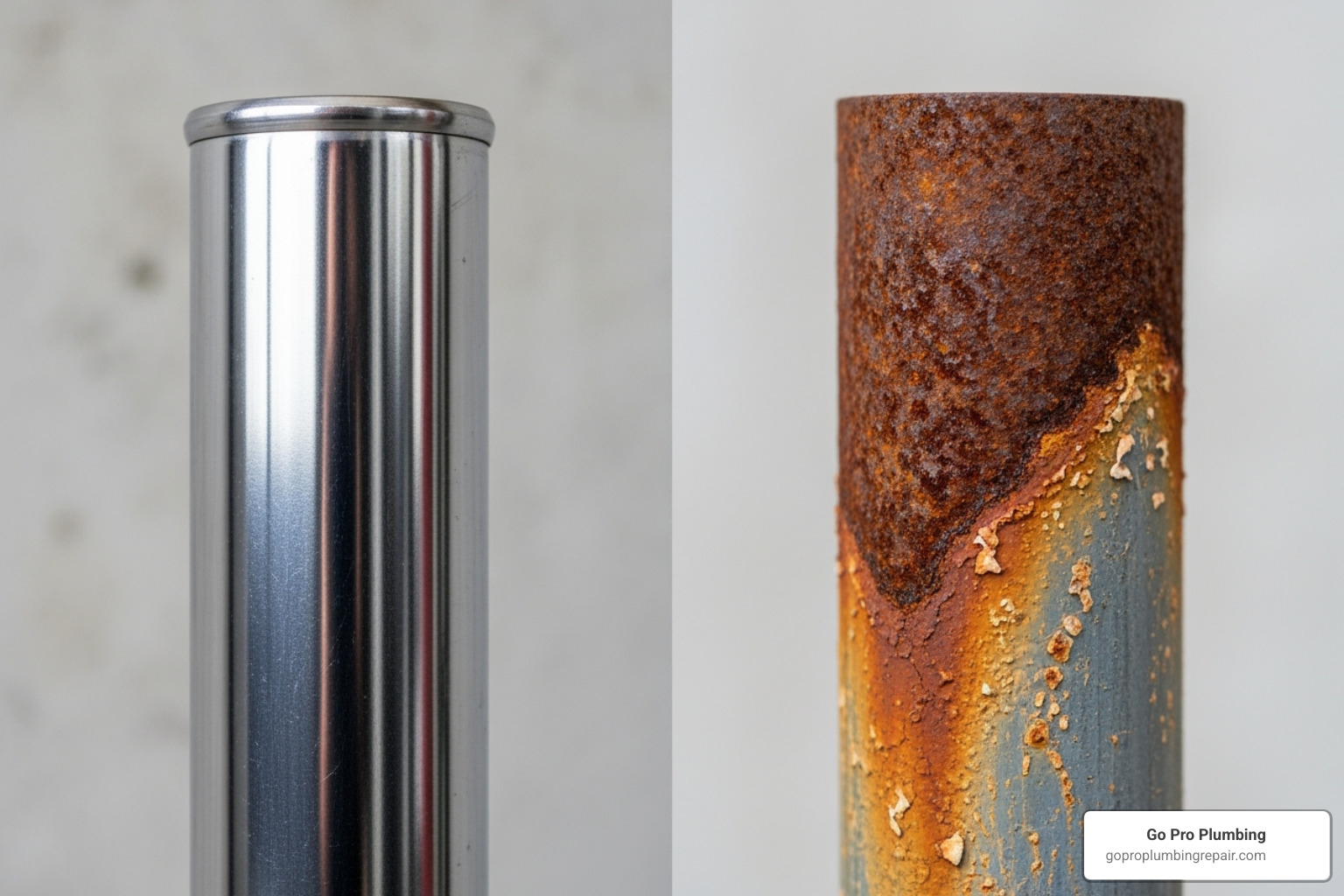 A comparison image showing a new, clean gas pipe next to an old, corroded one, illustrating the effects of time and wear - gas line contractor