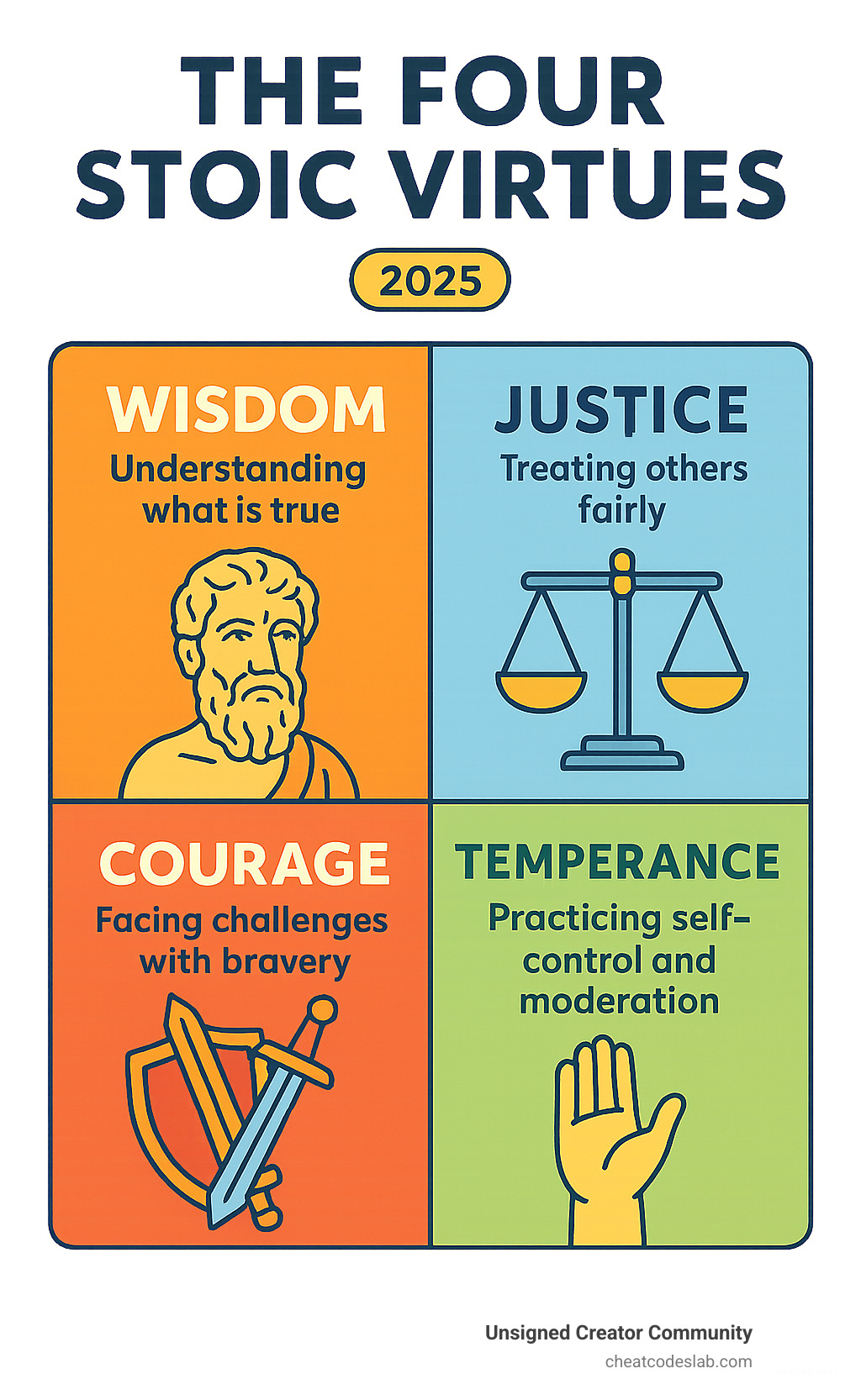 Infographic showing the four Stoic virtues: Wisdom (understanding what is true), Justice (treating others fairly), Courage (facing challenges with bravery), and Temperance (practicing self-control and moderation) - list of modern stoics infographic 