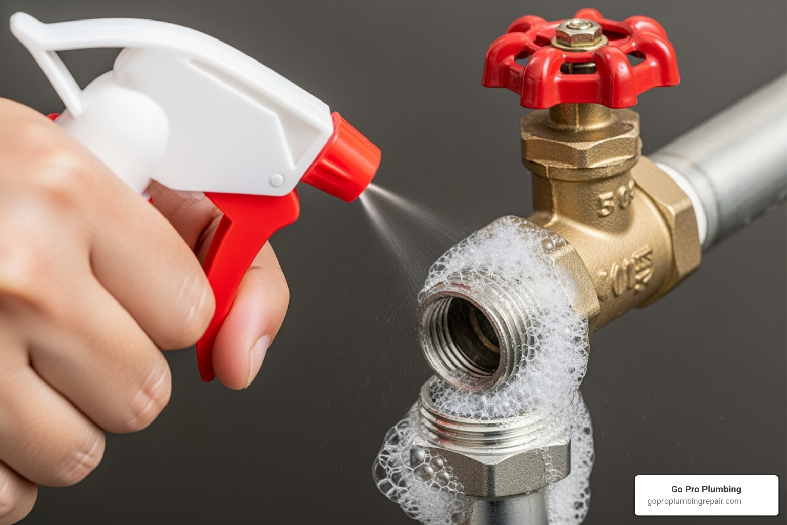 spray bottle applying soapy water to a new valve connection - Gas line valve replacement