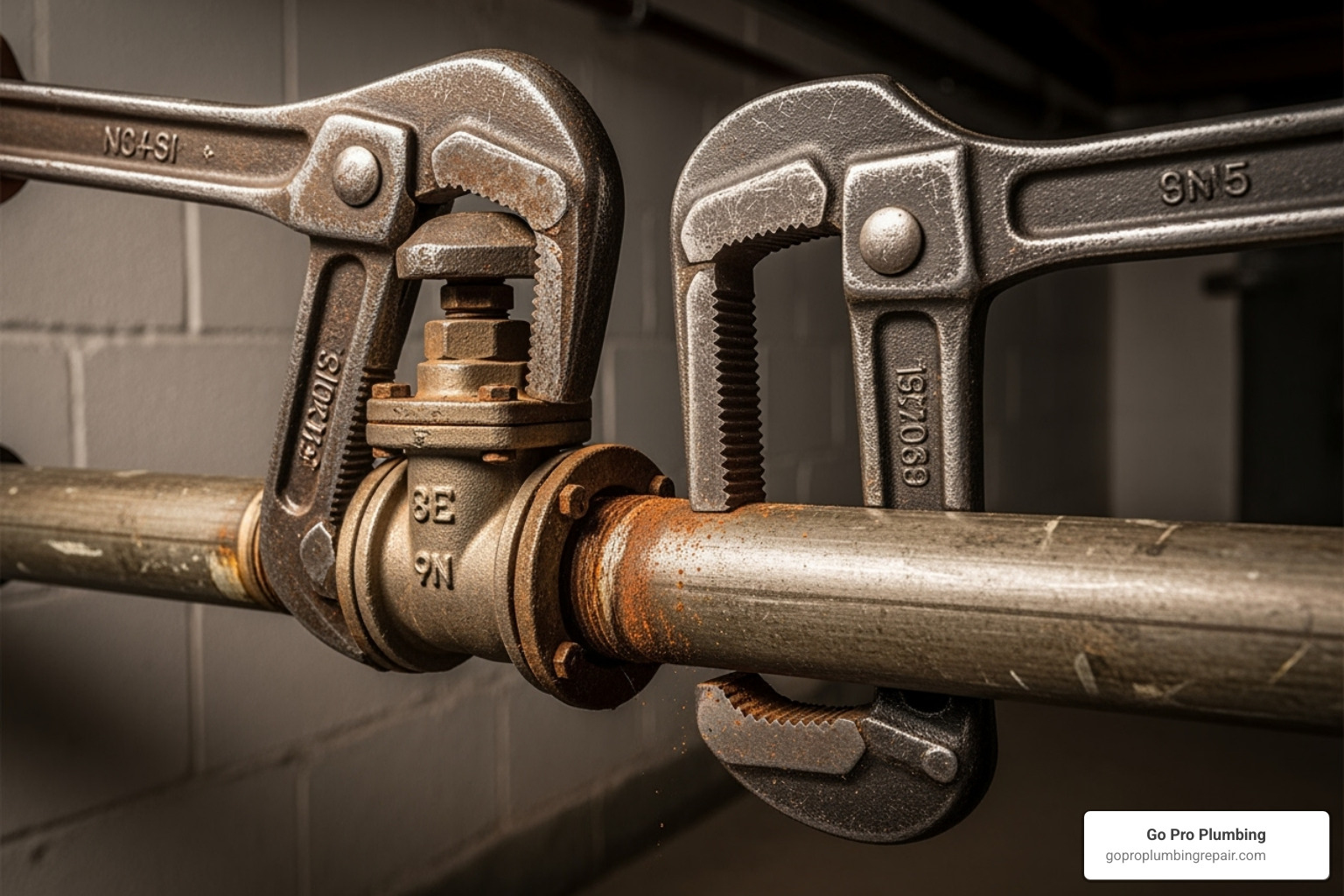 two pipe wrenches being used to remove an old gas valve - Gas line valve replacement