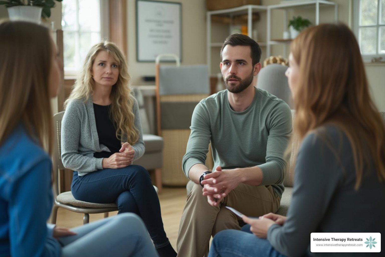 therapist facilitating a calm and focused group discussion - sample of sessions for trauma group therapy