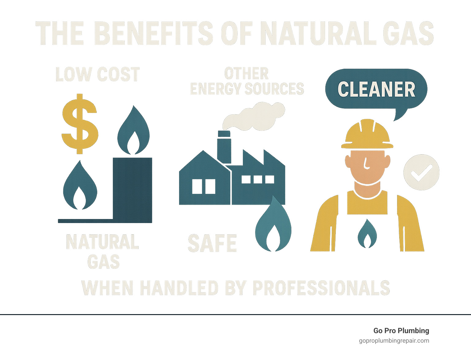 Comprehensive infographic explaining the cost and environmental benefits of natural gas compared to other energy sources, highlighting its affordability, cleanliness, and safety when handled by professionals. - gas line contractor infographic 