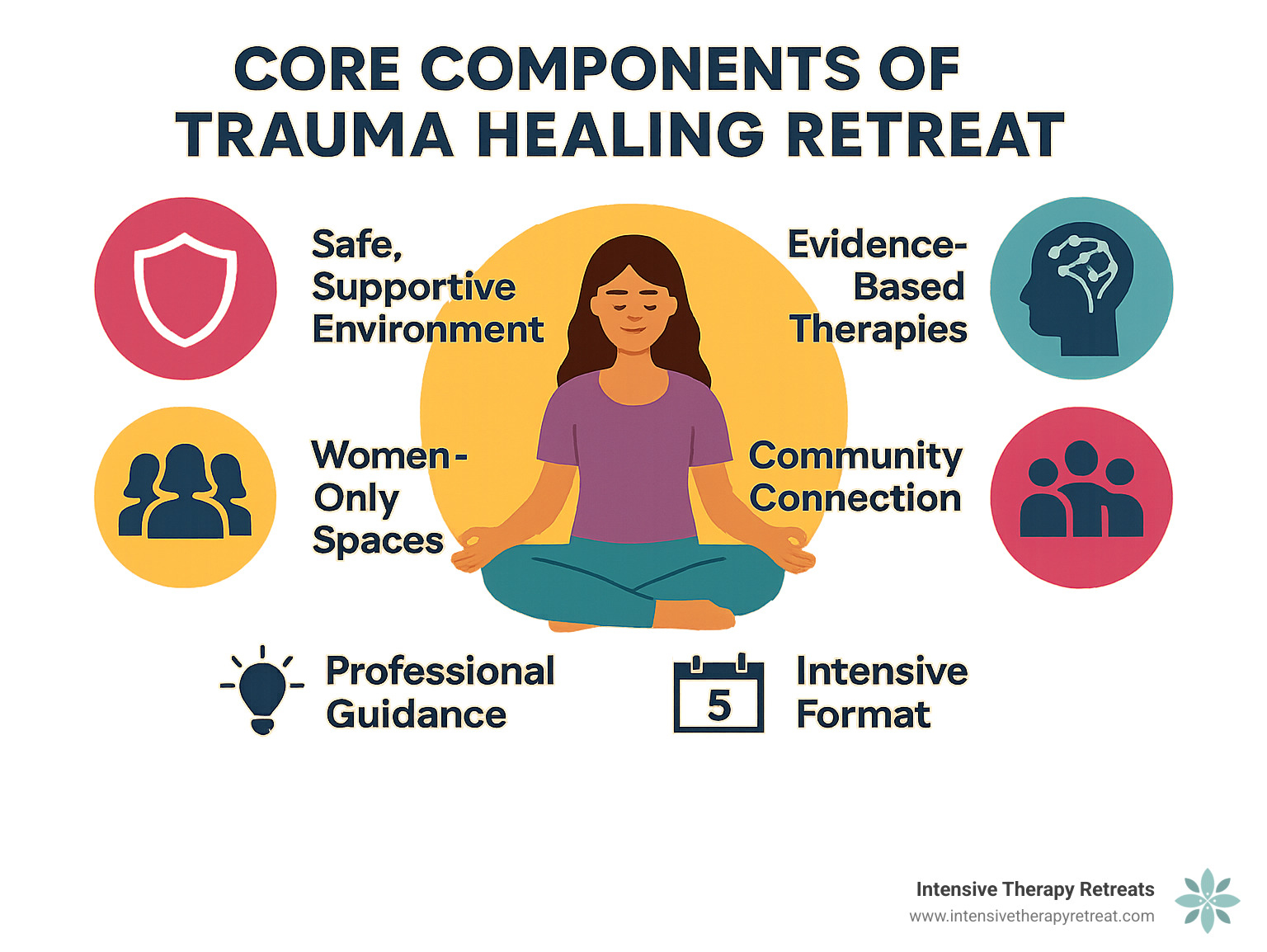 core components of trauma healing retreat - trauma healing retreat for women infographic 