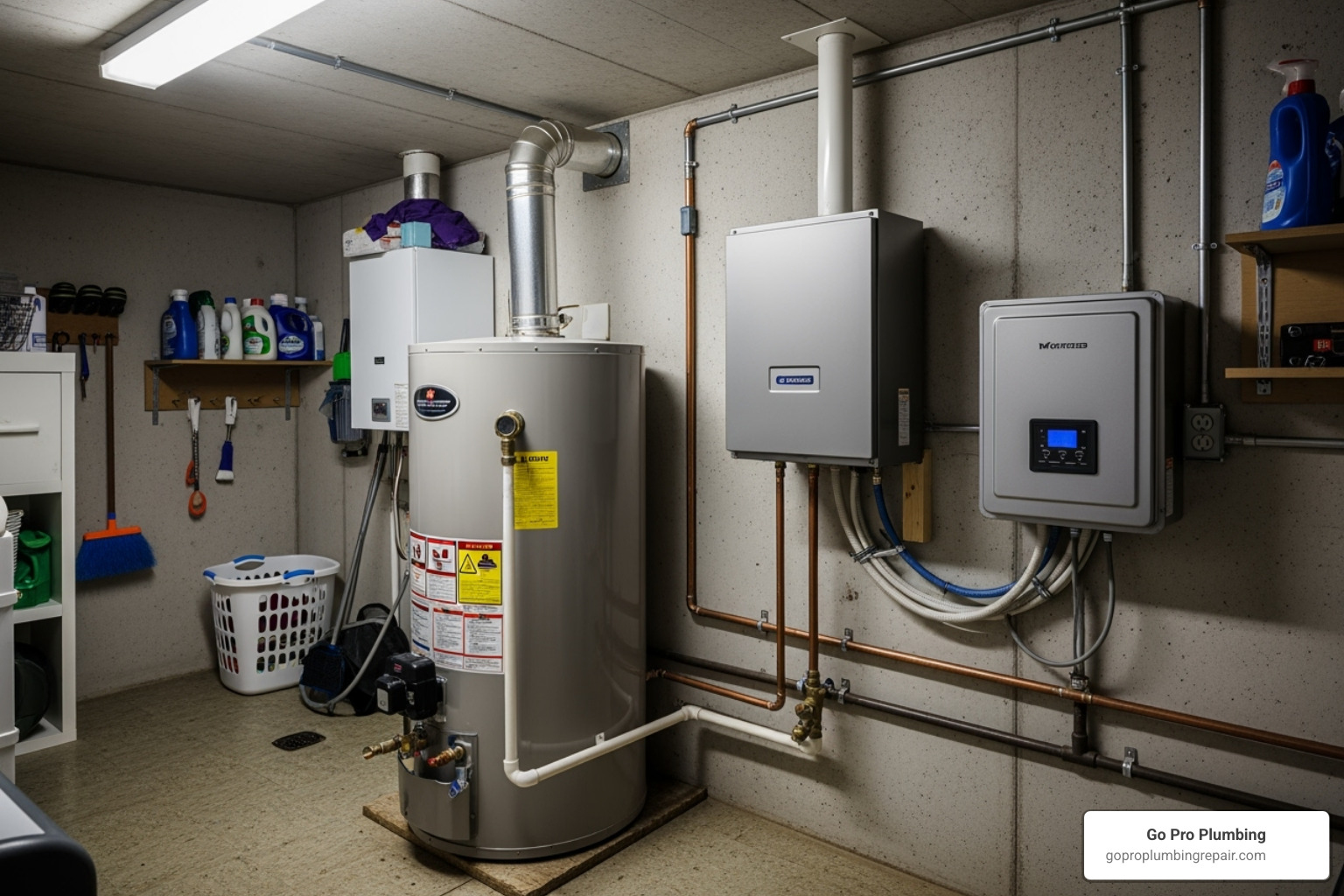showing a traditional tank water heater next to a compact tankless unit - affordable water heater replacement