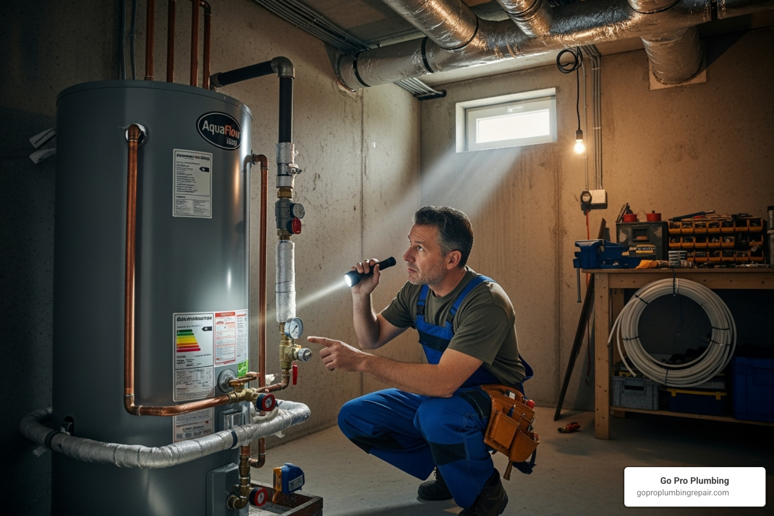 of a plumber inspecting a water heater installation - affordable water heater replacement