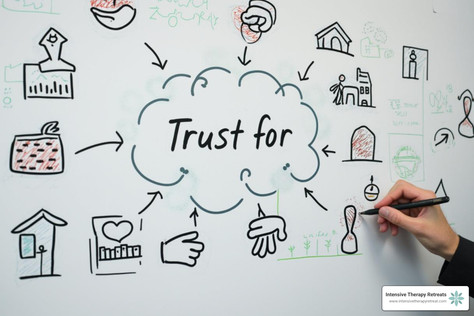 whiteboard with words like "Safety," "Trust," and "Growth" - sample of sessions for trauma group therapy