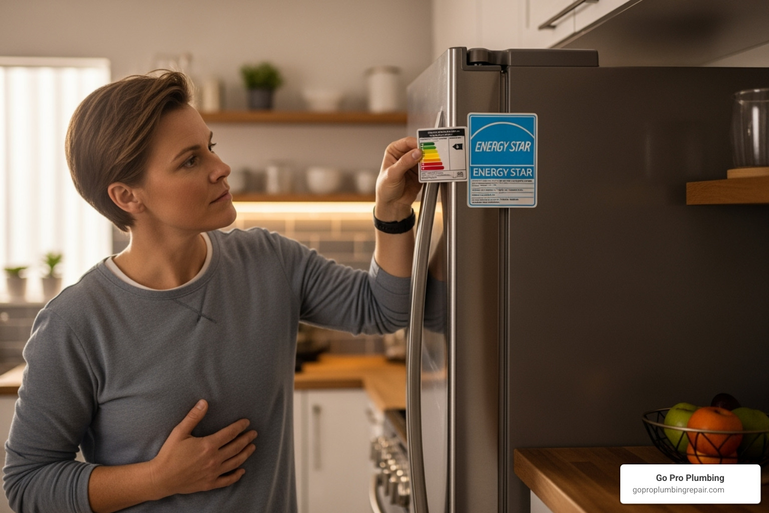 of a homeowner looking at an ENERGY STAR label on an appliance - affordable water heater replacement