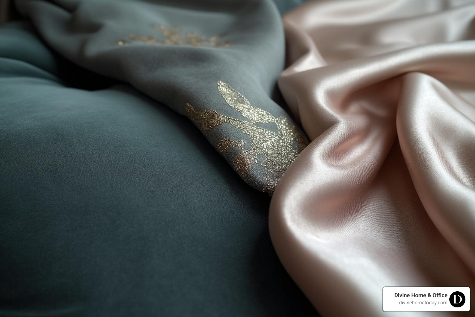Close-up shot showcasing layered textures like velvet, silk, and a metallic accent on a sofa or bed - luxury residential interiors Close-up shot showcasing layered textures like velvet, silk, and a metallic accent on a sofa or bed - luxury residential interiors