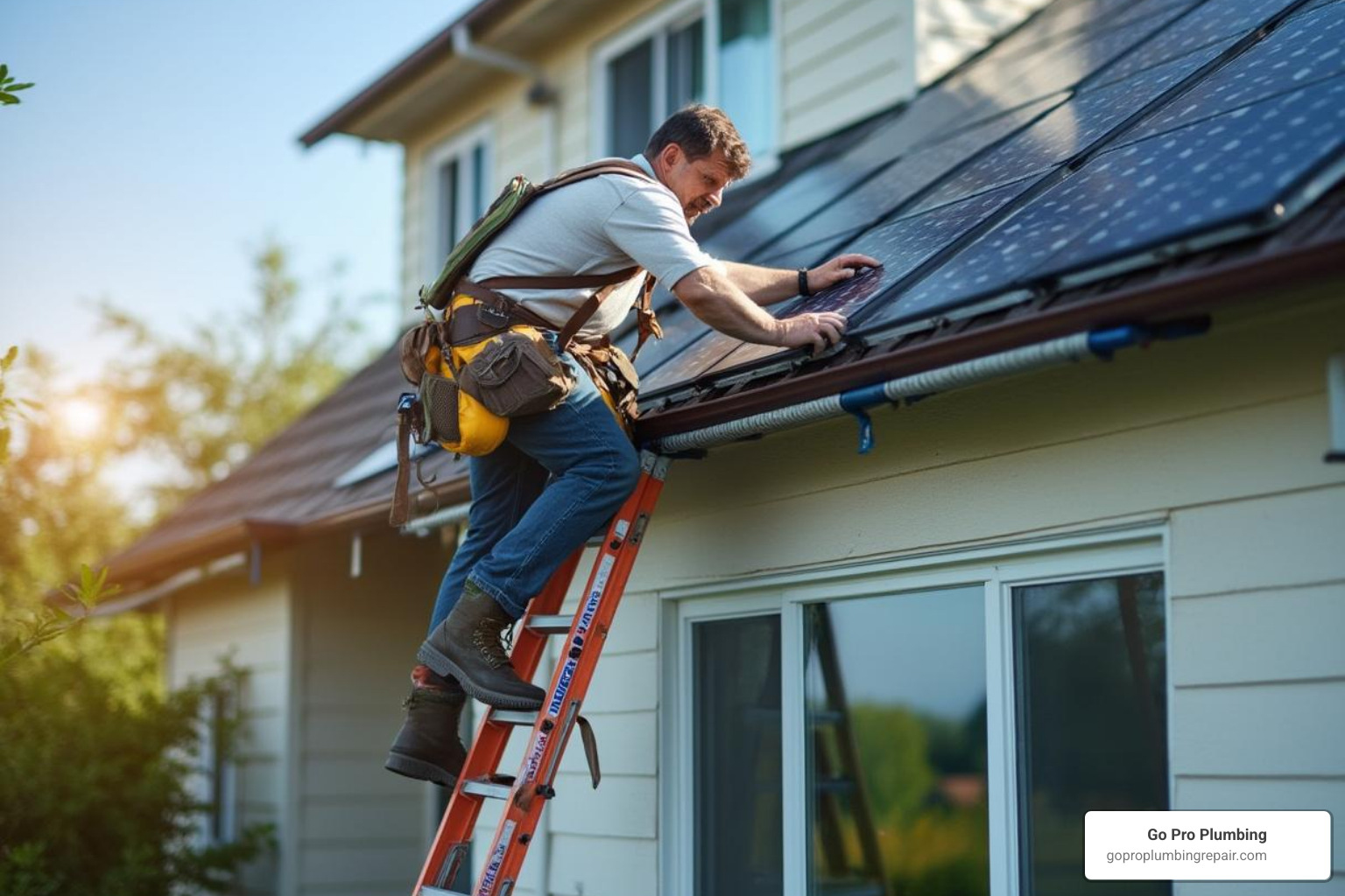 homeowner inspecting their roof - solar water heater advantages