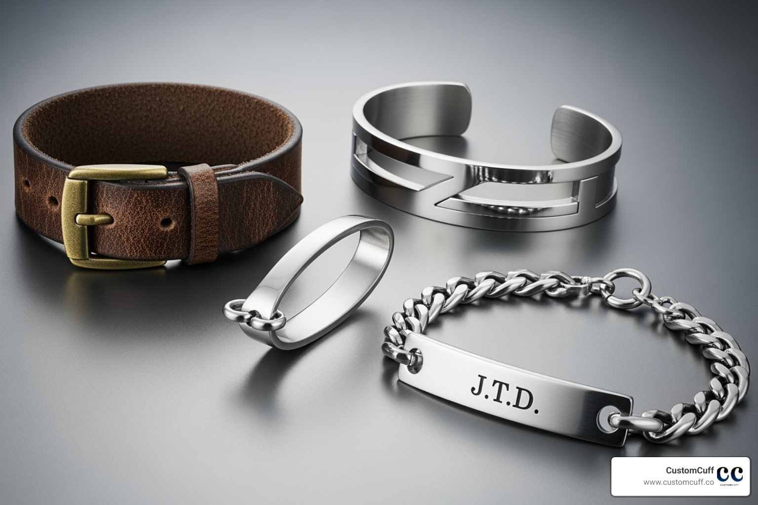 Three different bracelet styles—a leather band, a metal cuff, and an ID bracelet. Alt text: "Leather, metal cuff, and ID engraved bracelets for men." Three different bracelet styles—a leather band, a metal cuff, and an ID bracelet. Alt text: "Leather, metal cuff, and ID engraved bracelets for men."