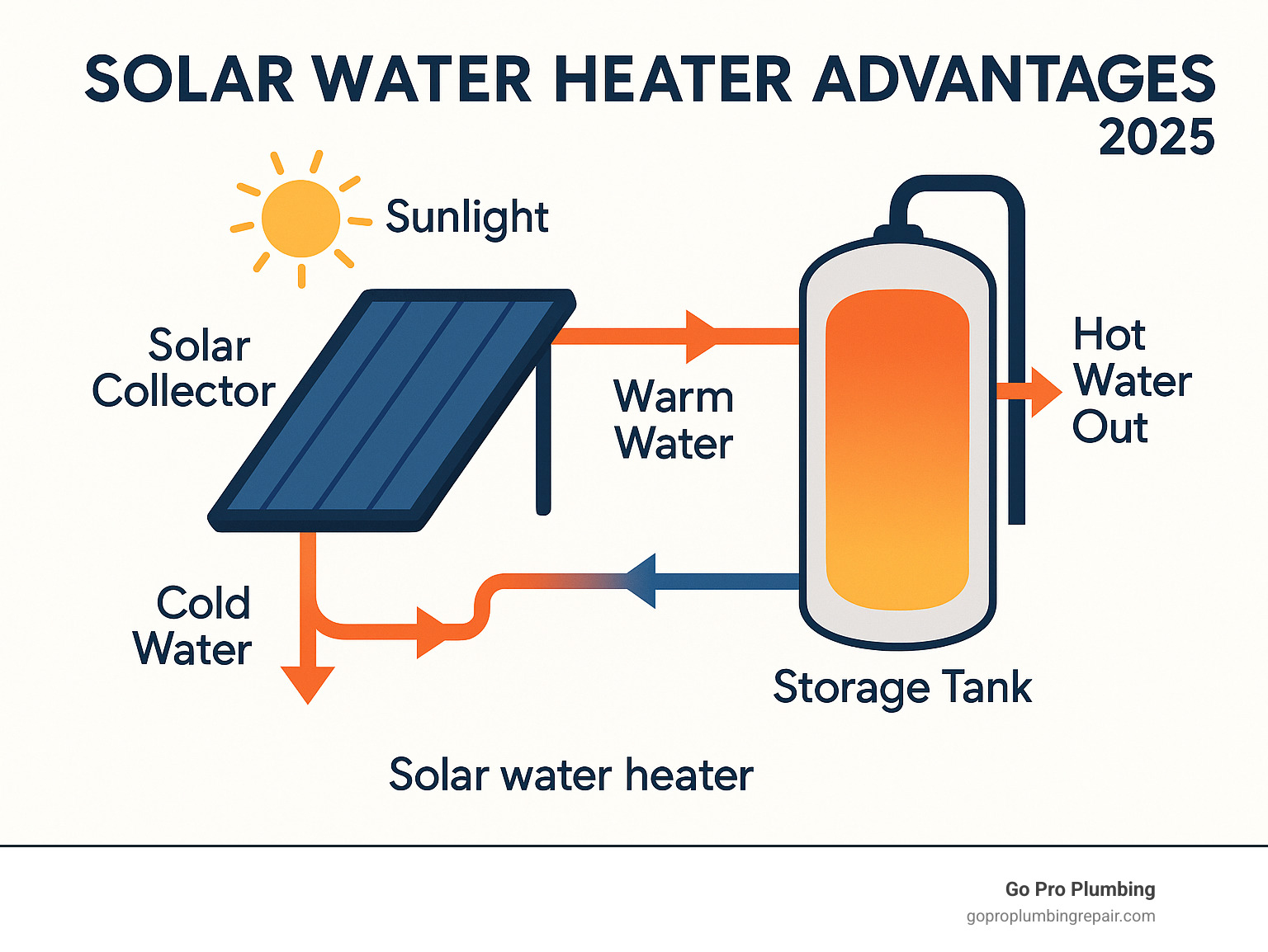 Infographic explaining the basic process of a solar collector heating water and sending it to a storage tank - solar water heater advantages infographic 