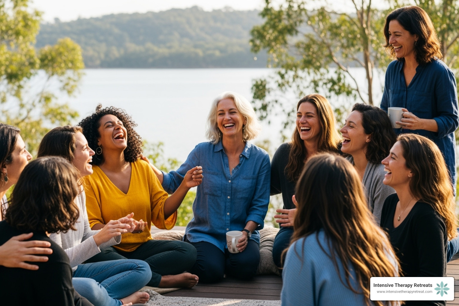 group of women laughing and connecting at a retreat - wellness retreat for moms