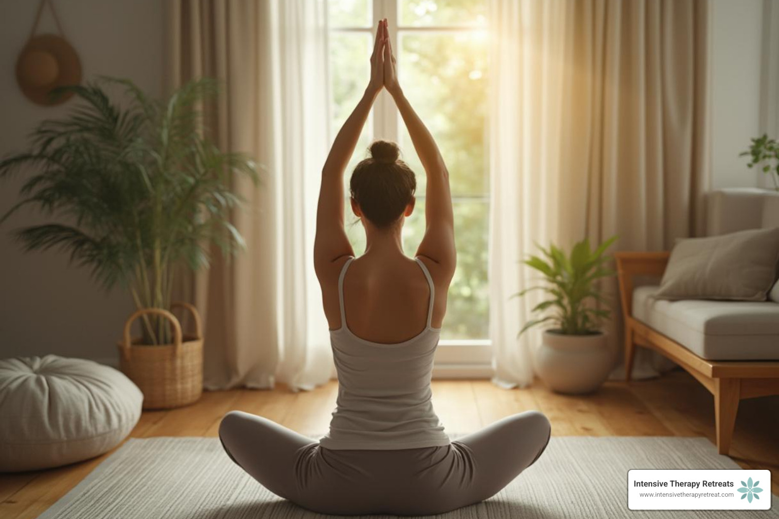 mom practicing yoga or meditating at home in a calm space - wellness retreat for moms