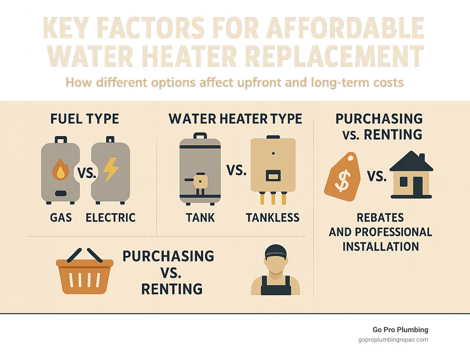 Infographic: Key Factors for Affordable Water Heater Replacement - illustrates how choosing between gas vs. electric, tank vs. tankless, and purchasing vs. renting impacts upfront and long-term costs, along with the importance of considering rebates and professional installation for a fair price. - affordable water heater replacement infographic 