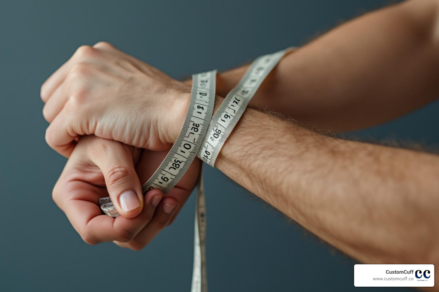 Measuring tape around a man's wrist. Alt text: "How to measure wrist size for men's bracelets." - engraved bracelets for guys Measuring tape around a man's wrist. Alt text: "How to measure wrist size for men's bracelets." - engraved bracelets for guys