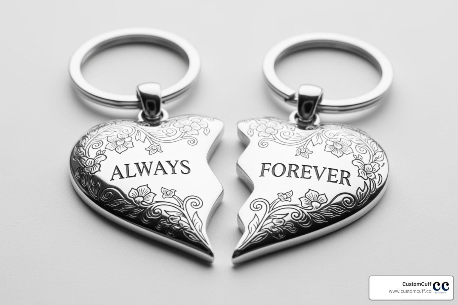 of an neat, engraved split-heart or puzzle piece keychain set - his and her keychains
