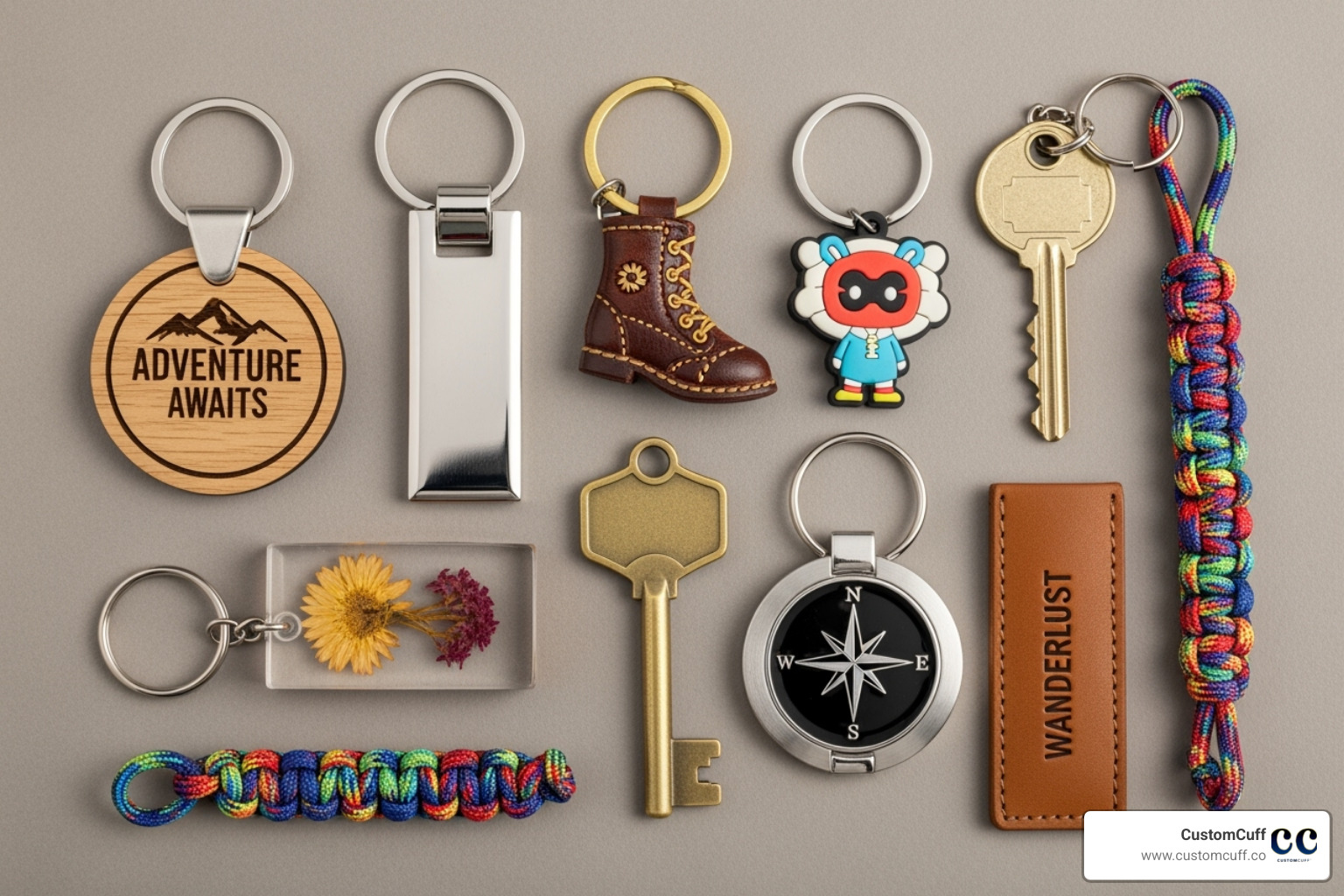 of a flat lay showcasing keychains made from various materials like wood, metal, and leather - his and her keychains