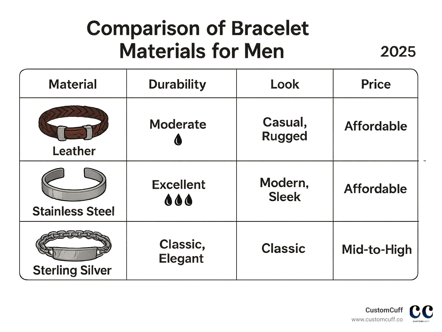 Comparison table of bracelet materials for men. Alt text: "Comparison table of bracelet materials for men." - engraved bracelets for guys infographic Comparison table of bracelet materials for men. Alt text: "Comparison table of bracelet materials for men." - engraved bracelets for guys infographic