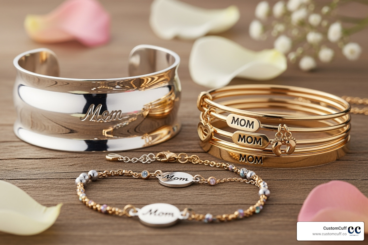 collection of different styles of mom bracelets (cuff, bangle, chain) - engraved mom bracelet