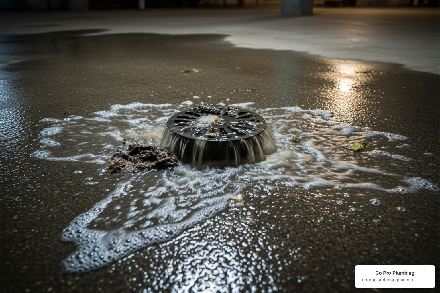 Image of a clogged and overflowing basement floor drain - best drain cleaner for basement floor drain