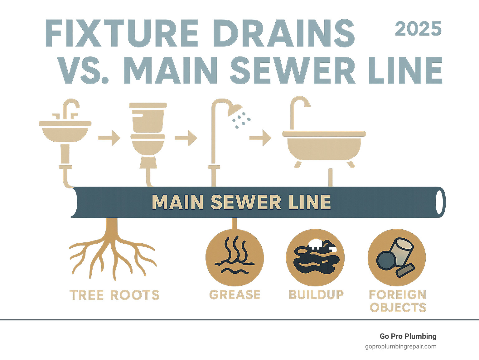 Infographic showing the difference between fixture drains and main sewer line, with arrows indicating how multiple fixtures connect to the main line and common blockage points including tree roots, grease buildup, and foreign objects - best drain cleaner for main sewer line infographic 
